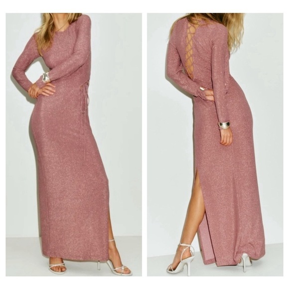 Reformation Women's Kinsey Lace Up Knit Maxi Dress Metallic Pink Sparkle Size S - Picture 2 of 16